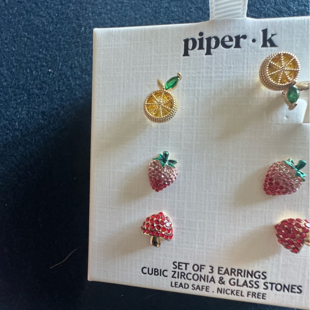 Piper K Fruit-Themed Earrings Set🍋🍄🍓cubic zirconia &glass stones NO lead/nickel